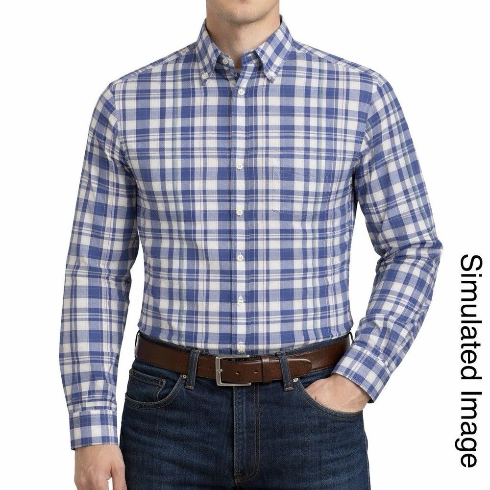 Massimo Dutti Mens Blue White Plaid Button Down Shirt Finest Fabrics Medium